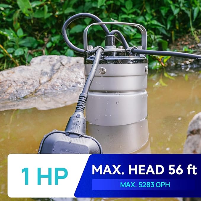 Aquastrong 1HP Sewage Sump Pump, Stainless Steel, 115V Automatic Float Switch, Cast Iron Impeller, Submersible Effluent/Sewage Pump for Sump Basin, Basement, 2'' NPT Discharge with 5283GPH
