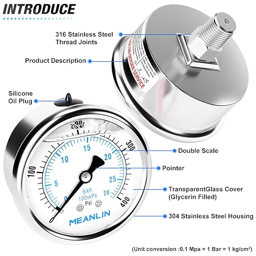 MEANLIN MEASURE 0~400Psi Liquid Filled Pressure Gauge Stainless Steel with 316 Stainless Steel Joint 1/4" NPT 2.5" FACE DIAL for Air Compressor Air Regulator Water Filter Center Back Mount