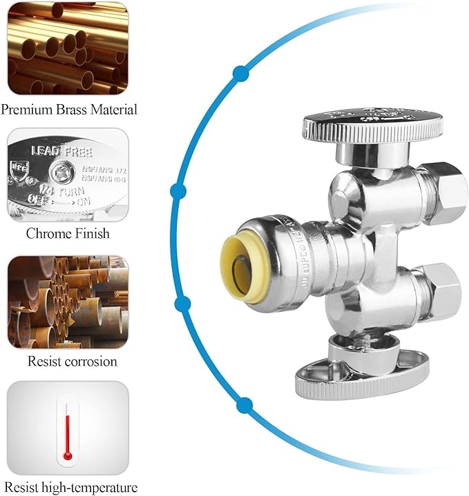 WiseWater 1/2" Push Fit x Dual 3/8" OD Compression Straight Stop Valve, 1/4 Turn Double Handles Shut Off Valve with Disconnect Clip, Chrome Plated Brass, Copper, PEX, CPVC, PE-RT Pipes (1 Pack)