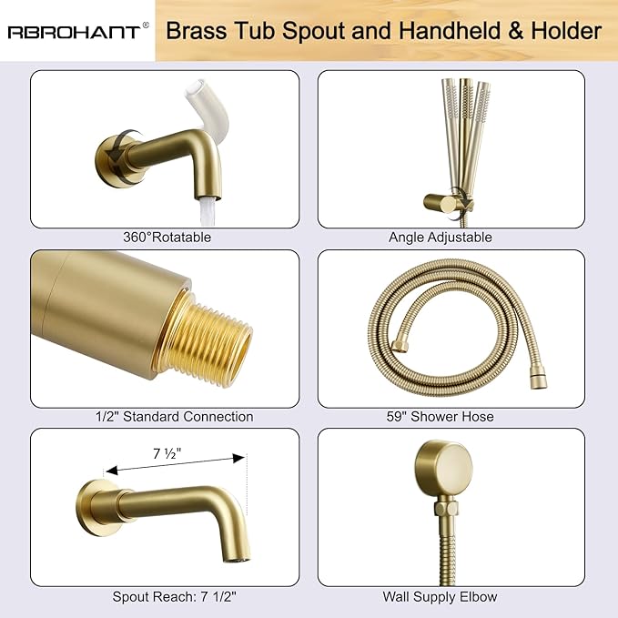 RBROHANT Brushed Gold Shower System with Tub Spout, Brass Bathtub Shower Faucet Set with 3 Way Rough-in Valve,10 Inch Round Shower Head Set with Tub Spout and Handheld, JK0299
