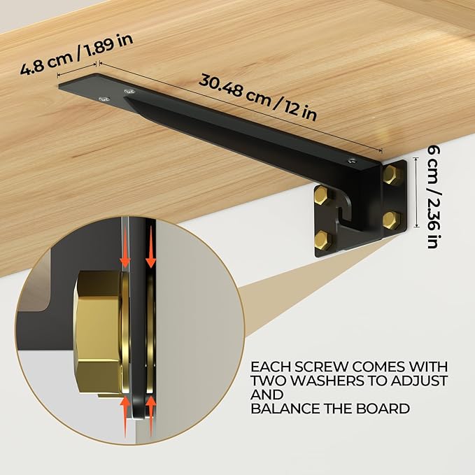 Heavy Duty Shelf Brackets 12 Inch, 1500 lbs Capacity, Hooks for Wall Mounted Shelves, L-Shaped Floating Shelf Brackets with Hanging (Black 4 Pack)