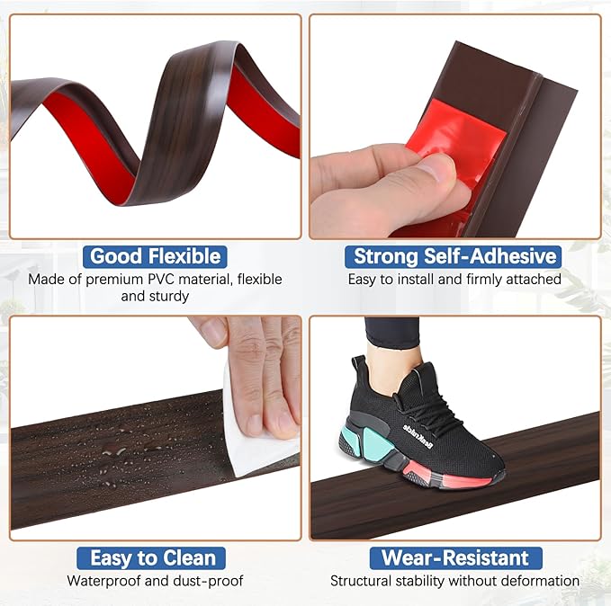 Vinyl Door Threshold Flooring Transition Strip Self Adhesive Carpet Edging Strip for Laminate Doorway Edge Threshold from 2/5" to 3/5" (Brown Wood Grain, 6.6 Ft)