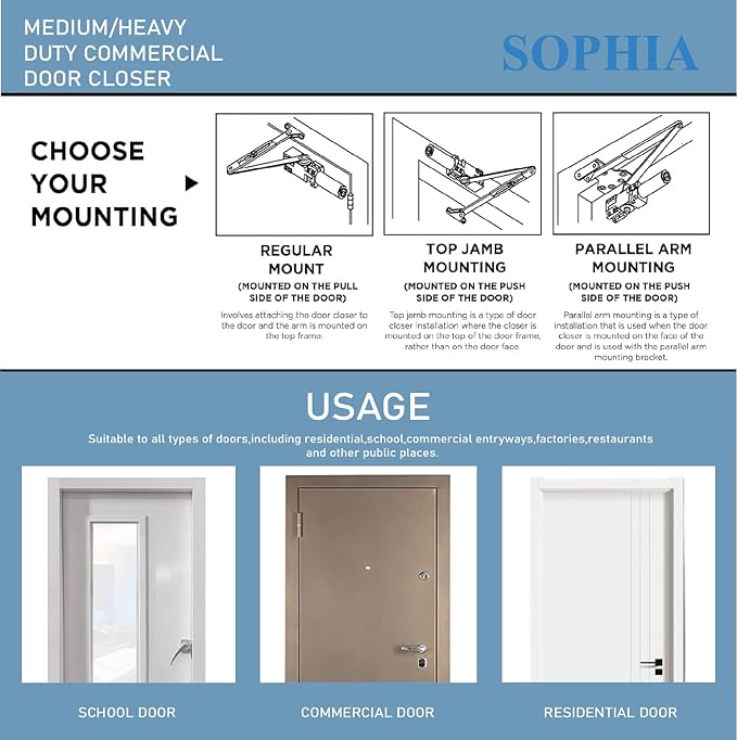 SOPHIA Commercial Door Closer Heavy Duty, Automatic Door Closer, ADA Compliant & UL Listed, Door Hydraulic Closer, Delayed Action, Adjustable Spring Size 1-6 for Heavy Traffic, Grade 1, Matte Black