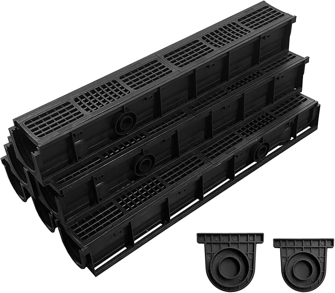 Driveway Channel Drain with HDPE Grate-39.4x6.1x5.5in Deep Profile Trench Drain System for Garage,6 Pack Total Length 236.22in,Heavy Duty Trench Drain for Parking Lot,Concrete