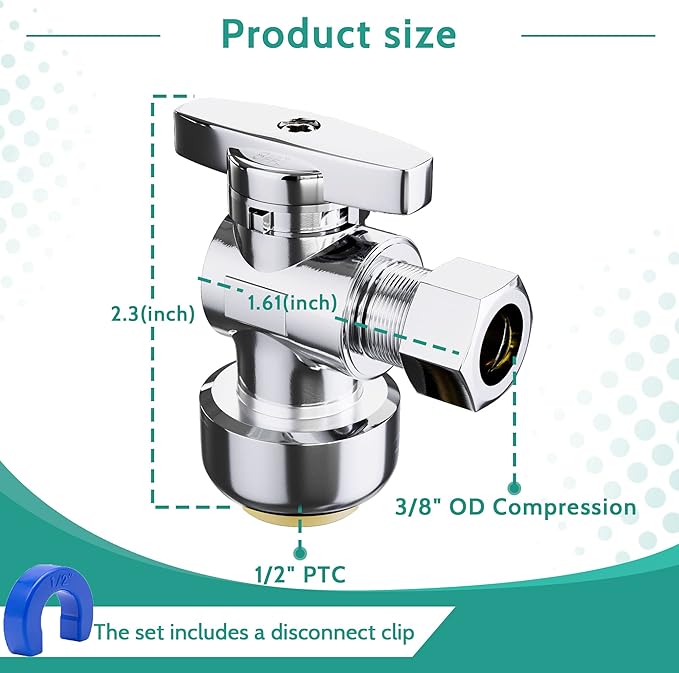VINTEX 5-Pack Angle Stop Valve,1/2" Ptc x 3/8" OD Compression Angle Shut Off Valve, 1/2 Inch Ptc x 3/8 Inch OD Compression Water Shut Off Valve, PEX, Copper, Cpvc