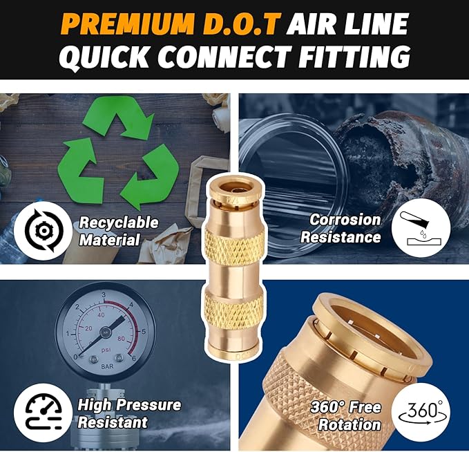 1/4" Air Brake Line Fitting, (One-quarter of an inch) DOT Brass Push in Fitting, Push to Connect Union Fittings Air Brake Union 1/4" Tube OD for Trucks Trailers andIndustrial Use (4 Pack)