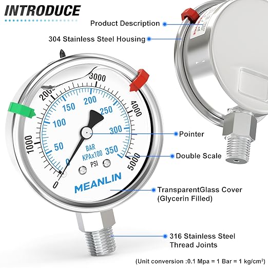 MEANLIN MEASURE 0~5000Psi Liquid Filled Pressure Gauge Stainless Steel 2.5" FACE DIAL 1/4" NPT 316 Stainless Steel Joint for WOG Water Oil Air Lower Mount, with 2PCS Snaps
