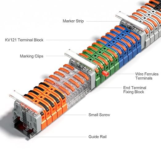 KV121 Terminal Block Kit, 600V 32A 24-12 AWG Compact Lever Wire Connectors, 12.6” DIN Rail Included, Quick Wiring Connection, DIN Rail Terminal Blocks Kit