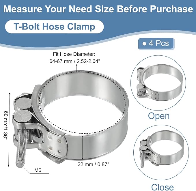 PATIKIL 64-67mm T-Bolt Hose Clamp, 4 Pack Intercooler Pipe Tube Clamps 304 Stainless Steel Radiator Hose Clamp for 2.52"-2.64" Pipe