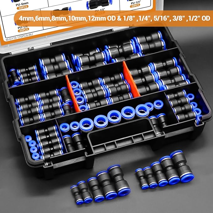 mankk 170PCS Straight Push to Connect Fittings 1/8" 1/4" 5/16" 3/8" 1/2"& 4/6/8/10/12mm Quick Connect Air Hose Fittings Quick Release Pneumatic Kit for Air Line M-G115-170PCS-BU