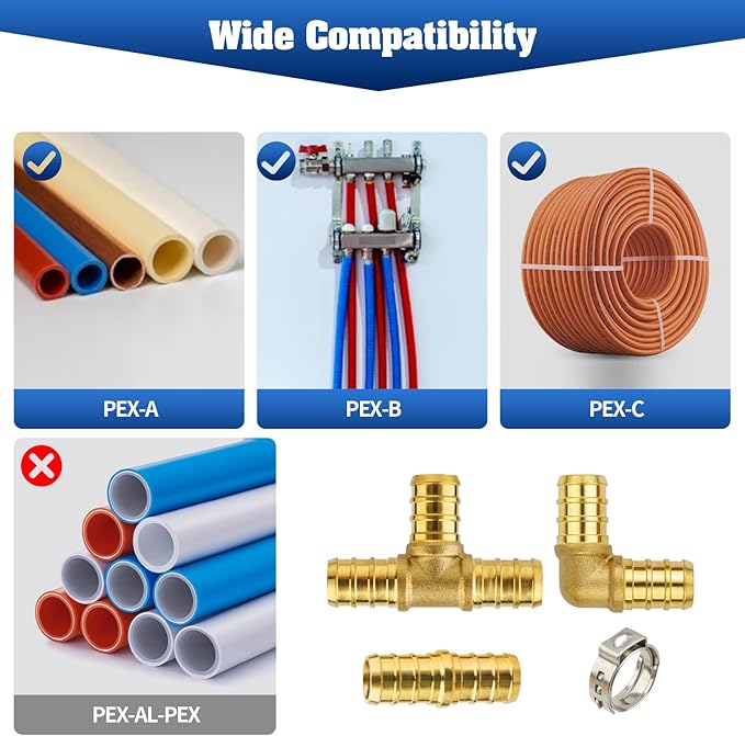 1/2 Inch PEX Fittings, No Lead Brass, 40-Piece Set (10 Tees, 10 Elbows, 10 Couplings, 10 Clamp Rings) for Hot & Cold Water, Compatible with PEX-A, B, C