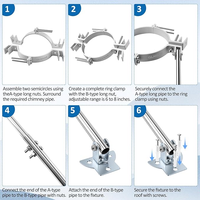 Newly Upgraded Chimney Pipe Support Bracket Kit, Four-Legged Support, Fits 6~8.5 Inch Adjustable Design— Rugged Aluminum and Stainless Steel Materials, Stable Against Wind & Snow