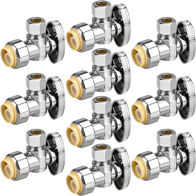 10pcs Stop Valves, 1/2" × 3/8" Angle Stop Valve, 1/2" PTC Input, 3/8" OD Compression Output, Push to Connect, 1/4 Turn, Chrome Plated Brass for Faucet, Toilet Valves, No Lead