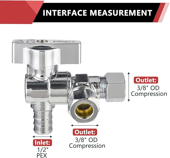 (Pack of 5) EFIELD Dual Outlet Angle Stop Valve, Quarter Turn, 1/2" Pex Barb Crimp Connection Inlet x (3/8 inch x 3/8 inch) Compression Outlet, Chrome Plated Brass,(VALVE200-5PCS)