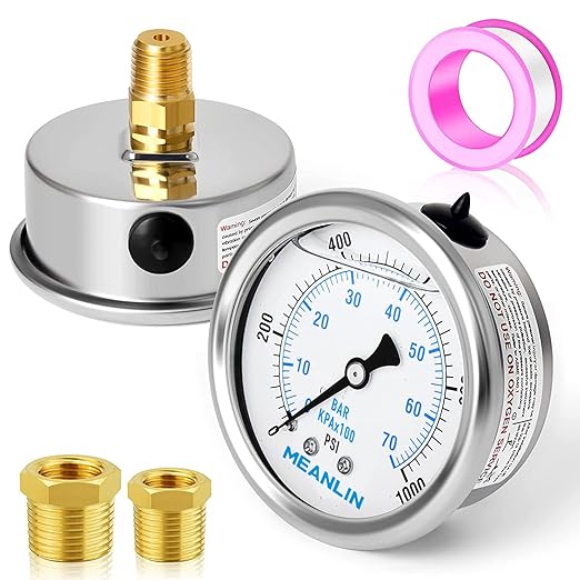 MEANLIN MEASURE 0~1000Psi Stainless Steel 1/4" NPT 2.5" FACE DIAL Liquid Filled Pressure Gauge WOG Water Oil Air,Center Back Mount, with 1/2" NPT and 3/8" NPT Hex Bushing