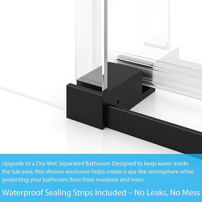 Semi-Frameless Sliding Shower Door - 56 to 60 Inch Adjustable Width x 59 Inch High, 6mm Coated Tempered Glass with Easy Clean, One Fixed & One Sliding Panel, Stainless Steel Round Rail, Matte Black