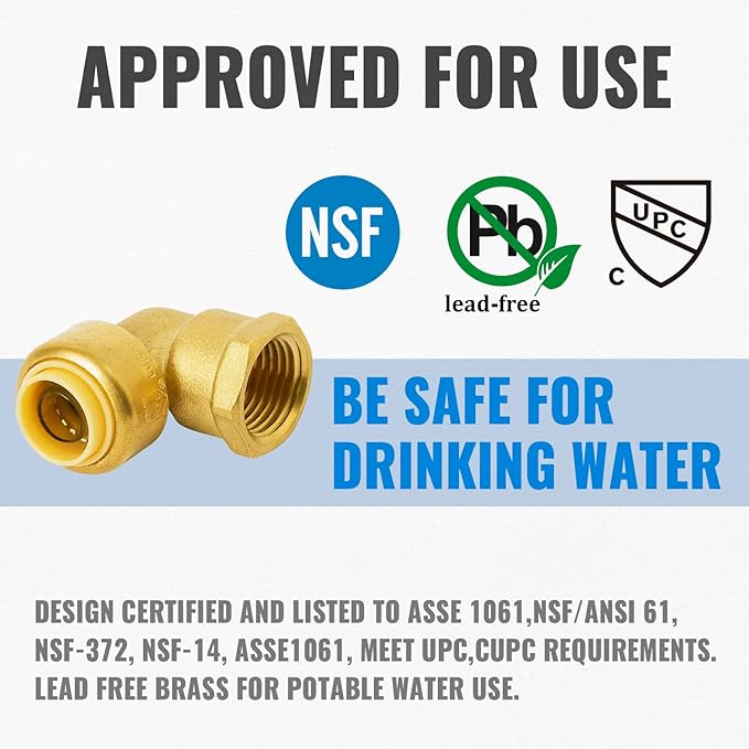 SUNGATOR 1/2 Inch 90 Degree Female Adapter Elbow, 1/2 Inch FNPT, No Lead Brass Push-to-Connect Plumbing Fittings for Pex Pipe, Copper, CPVC, with 1 Disconnect Clip and 1 Sealing Tape, Pack of 2