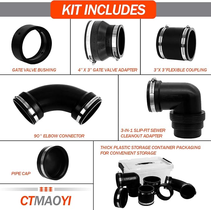 RV PVC Sewer Kit - 7-Piece Complete Connection Set with Gate Valve & Storage Box, 3" Fittings, 3-in-1 Cleanout Adapter, Leak-Proof Camper Waste Plumbing Adapter