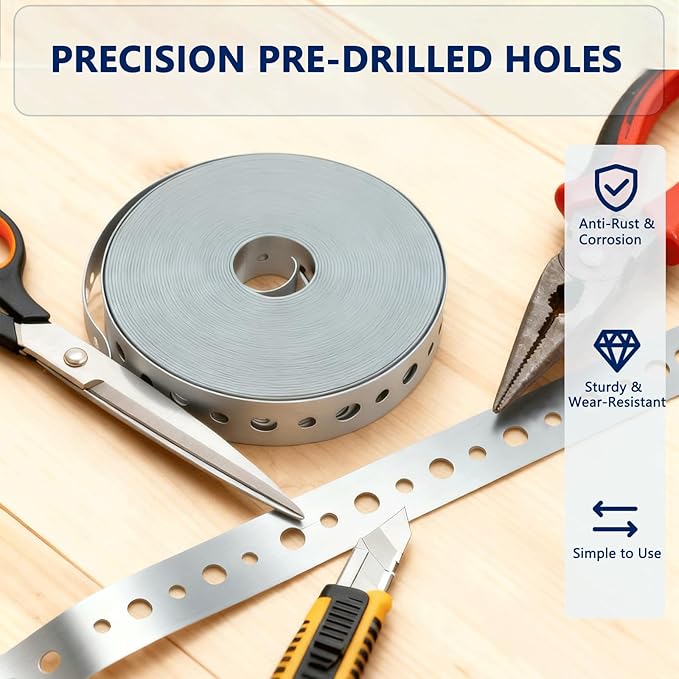 1 Pack Galvanized Metal Pipe Strap 3/4-Inch x 100ft Heavy Duty, 24 Gauge Silver Powder Coated Steel Strapping with 0.19" & 0.25" Holes for Pipe Support Hanging, Plumbing, HVAC, Duct Work, DIY Length