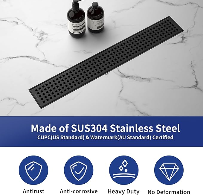 Linear Shower Drain 18", 304 Stainless Steel Floor Drain with Grid Drain Cover & Hair Strainer, Rectangular Shower Drain w/CUPC Certified, Matte Black