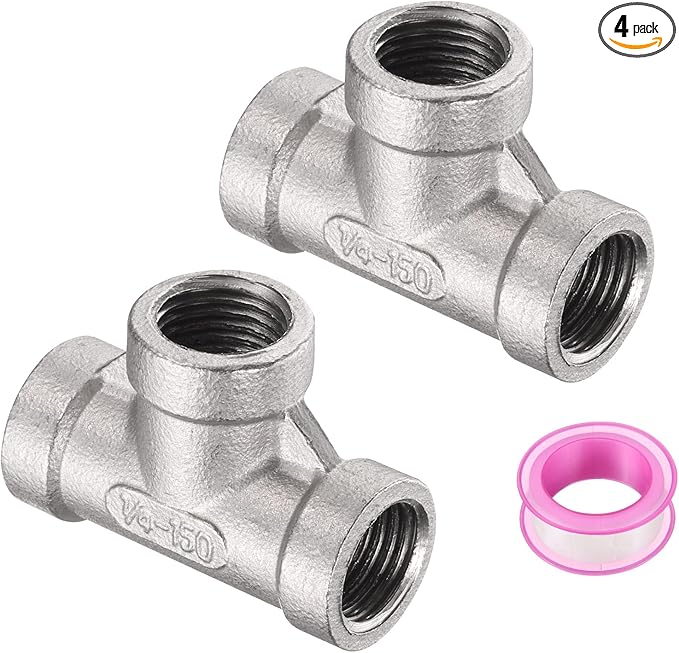 uxcell 4 Pcs 304 Stainless Steel Tee Pipe Fittings G1/4" Female Tee Adapter 3 Way t Shaped Cast Pipe Fitting Connector with Seal Tape for Plumbing Drainage Pipes Heating Systems