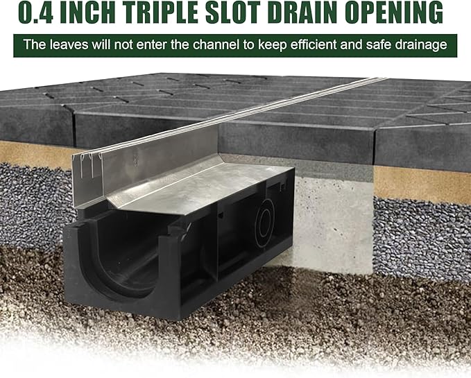Slot Channel Drain with 304 Stainless Steel Grate-39.4Lx6.1Wx8.6H in. Deep Profile Trench Drain System for Landscaping,Trench Drain for Patio,A15 Hidden Drain Channel with Metal Grate