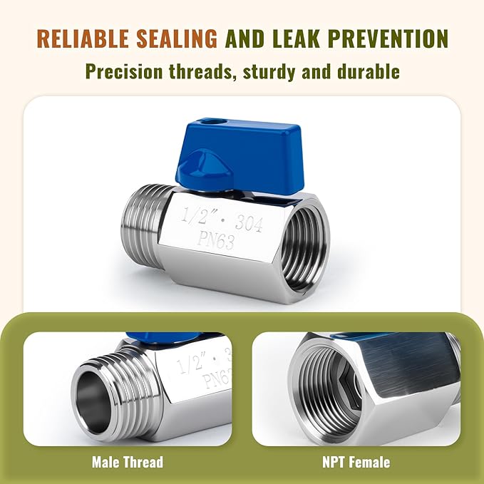 2 Pack 1/2" Mini Ball Valve, 304 Stainless Steel Valve NPT Female x Male Thread Shut-Off Valves for Small Compact Space (2, 1/2 Inch)