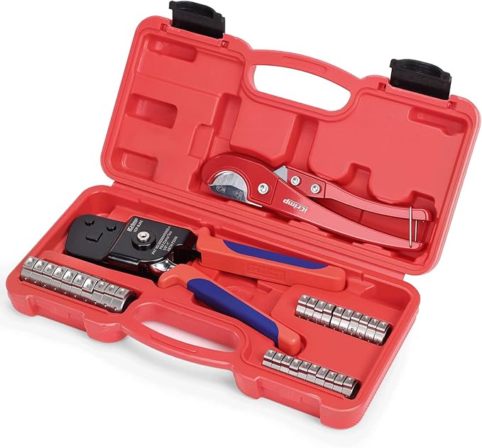 iCrimp KIT-BJ02 PEX Crimping Tool Kit with PEX Clamps, PEX Pipe Cutter, One-Handed PEX Clamp Tool for Cinching 3/8-in, 1/2-in, 3/4-in, 1-in PEX Clamp
