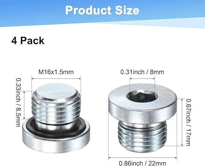 2-Pack M16x1.5mm Inner Hex Head Pipe Fitting Plug, Carbon Steel Sensor Socket Plug with Seal O-Ring for Terminate Pipe Ends/High Pressure Washer, Sealing Screw