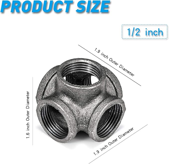1/2" 5-Way Side Outlet Tee, Home TZH 4-Pack 5-Way Corner Cast Black Malleable Iron Pipe Fitting for Industrial Pipe, Furniture and DIY Decoration (4, 1/2")