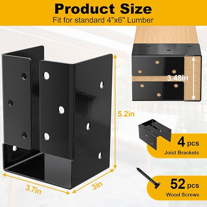 Concealed Joist Hanger (4 Pack),4"x6" Outdoor Concealed-Flange Joist Bracket with Screws, Q235B Steel Powder Coated Concealed Mount Light Joist Hangers for 4"x6" Beam, Swing, Handrail, Fence
