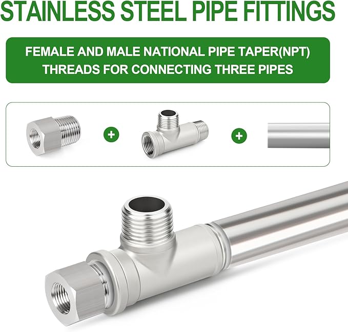 TAISHER 2PCS 304 Stainless Steel Tee Pipe Fittings, 1/2" NPT Female x 1/2" NPT Male x 1/2" NPT Male Extension Pipe Fittings, Female Run Tee