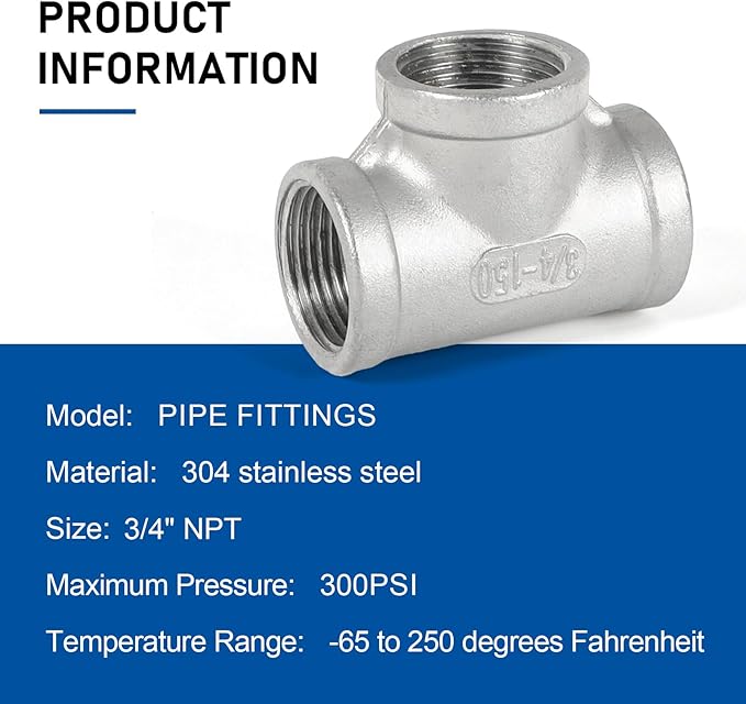 Kodilin Pipe Fittings 304 Stainless Steel Tee Pipe Fittings 3/4" x 3/4" x 3/4" NPT Female Thread Adapter - 4PCS