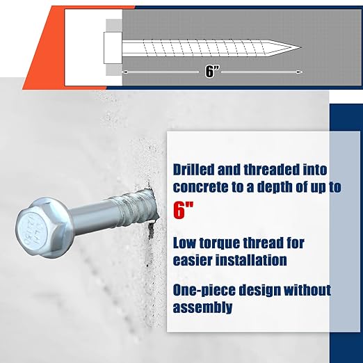Tandefio 40 Pack 1/2" x 6" Concrete Screw Anchor Galvanized Large Diameter Heavy Duty Plated Concrete Anchors for Masonry Brick Anchoring Block Decking Framing Hex Drive