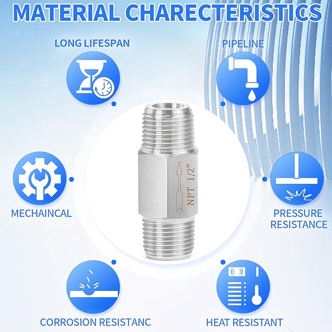 ChillWaves 304 Stainless Steel In-Line Siamese Check Valve 1/2" NPT Male Thread, One-Way Non-return Check Valve，Prevent Water Back-flow(1-PACK)