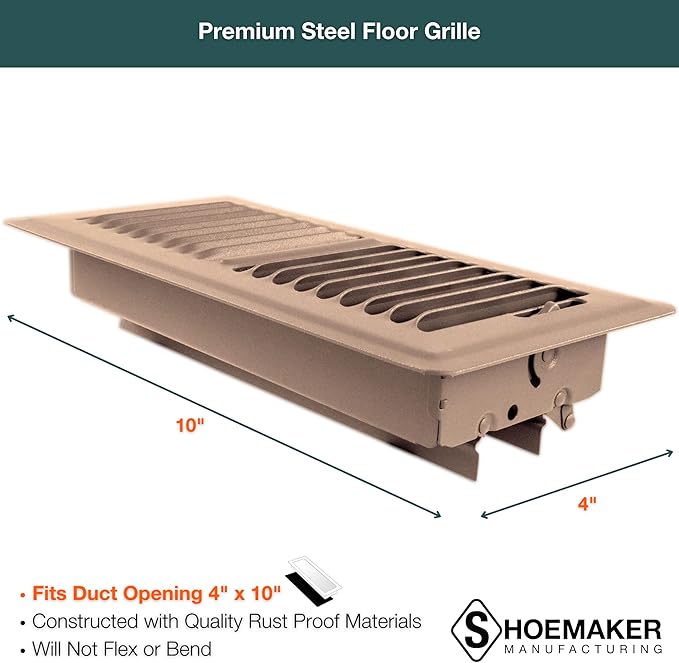 Shoemaker 4x10 Floor Register – Desert Clay Heavy Duty Metal Floor Vent Cover for Home Floors - Premium Forced Air Vent Covers