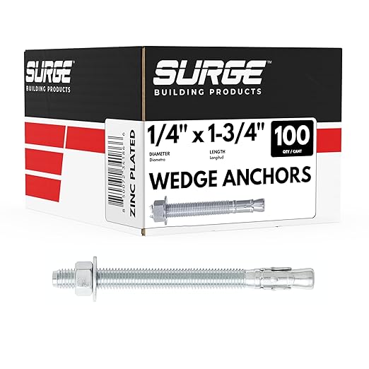 1/4" x 1-3/4" Zinc-Plated Wedge Anchors for Concrete and Cement | Heavy-Duty 1/4 Concrete Anchors (Box of 100)