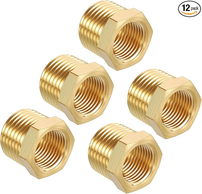 Pack of 12, 1/2" NPT Male to 3/8" NPT FeMale Solid Brass Hex Bushing, Hose Fittings Adapter Threaded Reducer Heavy Duty for Pipe Leak Repair, Pneumatic Systems, Compression