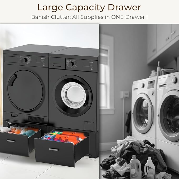 SKM 2-Pack 28" Washer and Dryer Pedestal Stand with Storage Drawer | Heavy-Duty Steel Frame, 700LB Capacity | 14.3 Inch Lift to Reduce Back Strain, Black