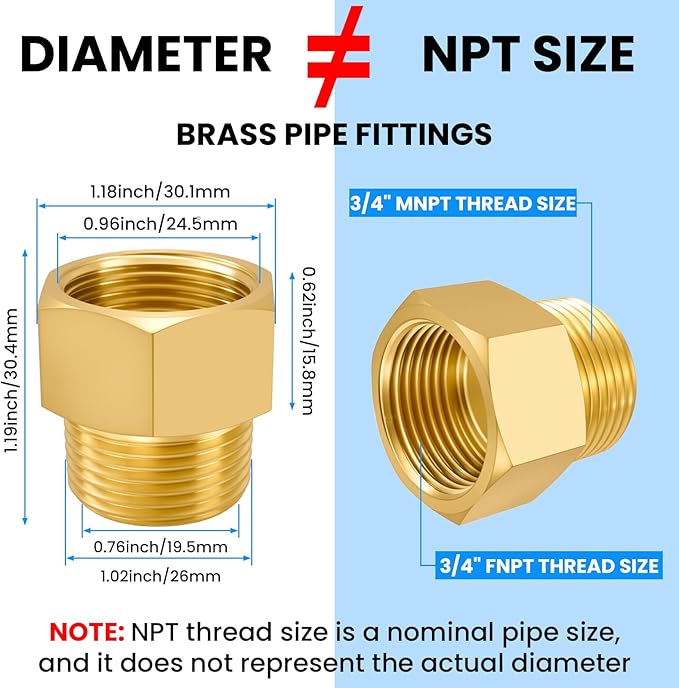 SDTC Tech 2-Pack Brass Pipe Fitting 3/4 NPT Thread Male to 3/4 NPT Thread Female Reducer Adapter, Brass Pipe Extension Connectors
