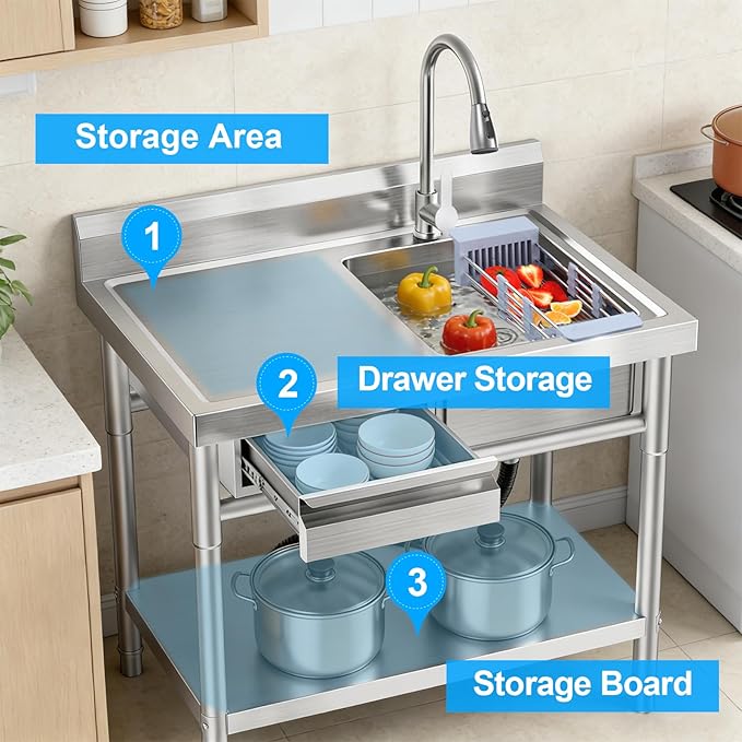 Stainless Steel Utility Sink Freestanding Single Bowl Laundry Sink with 360° Swivel Pull-Out Sprayer Faucet, Hot and Cold Water Plumbing Workbench Drawers for Laundry Room Farmhouse