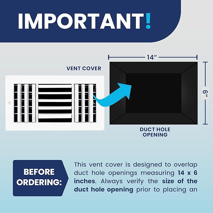 14x6 Inch (Duct Opening) Aluminum 3-Way Air Flow Vent – HVAC Vent Cover for Wall or Ceiling – Quiet HVAC Wall Register with Multi-Shutter Damper – Adjustable Curved Blade - Plastic Seal for Tight Fit