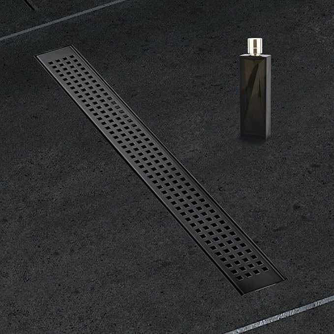 32 Inch Removable Cover Linear Shower Drain 304 Stainless Steel Rectangular Floor Drain for Kitchen Bathroom Square Hole Drain with Accessories Hair Strainer Adjustable Leveling Feet (Matte Black)