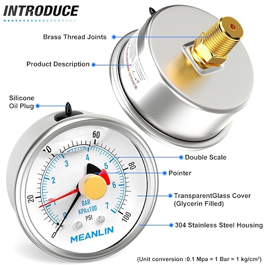 MEANLIN MEASURE 0~100Psi Stainless Steel 1/4" NPT 2.5" FACE DIAL with Reset Pointer Liquid Filled Pressure Gauge WOG Water Oil Air, Back Mount, with Brass Hex Bushing