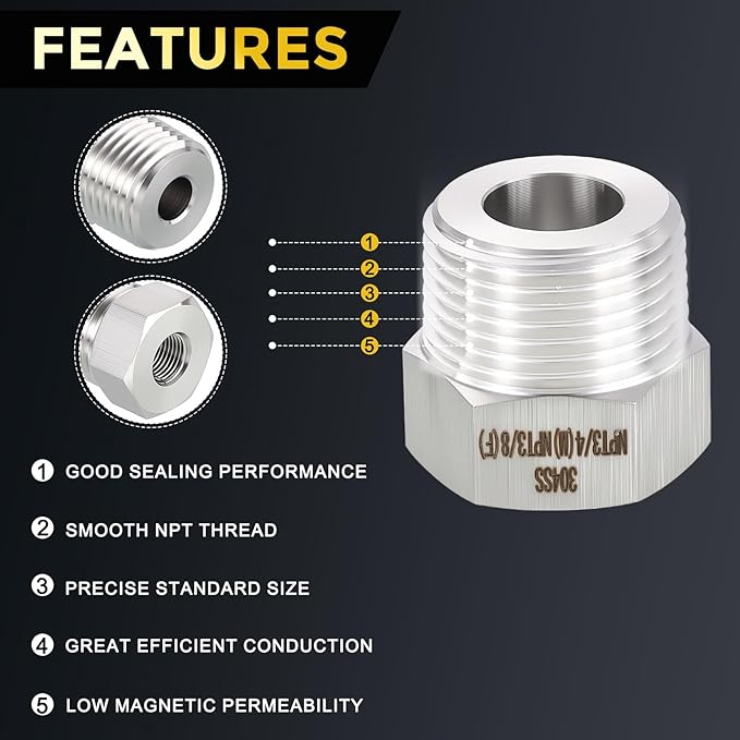 METALLIXITY 5PCS 3/4" Male NPT x 3/8" FeMale NPT Thread 304 Stainless Steel Hex Bushing Extension Tube Adapters Convert for Water Tub Spout/Shower