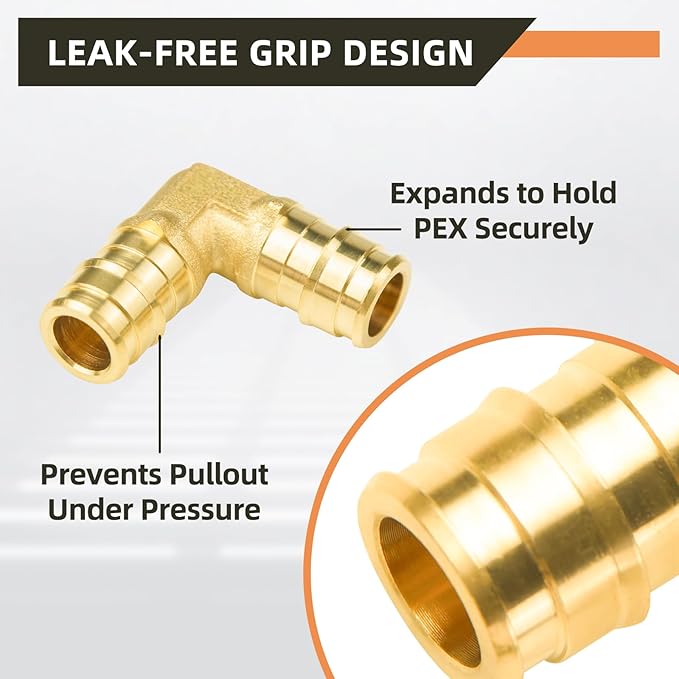 10-Pack YVSKM 1/2" PEX-A 90° Elbow Expansion Fitting, Lead-Free Brass Full Flow Connector, ASTM F1960 & cUPC Certified for Residential Hot & Cold Water and Radiant Heating Systems