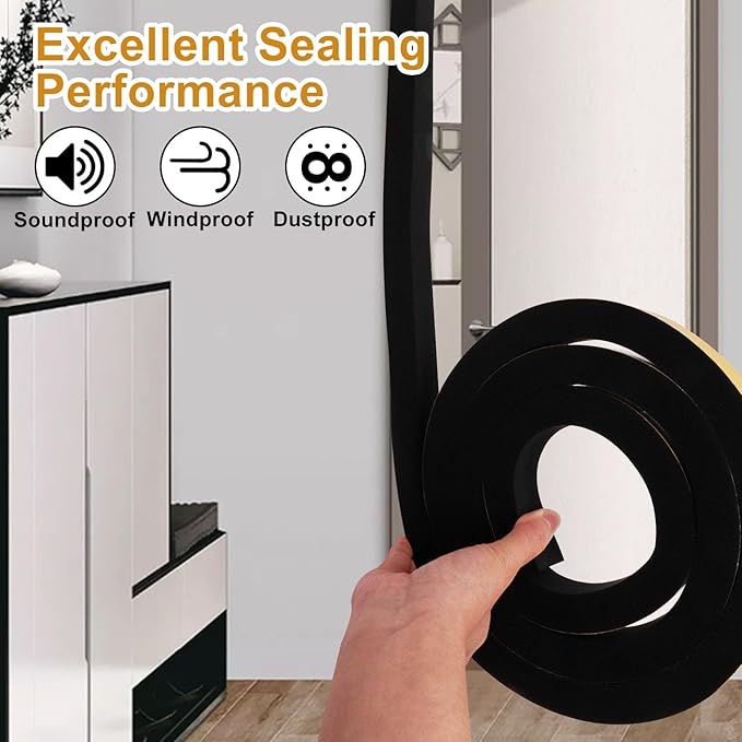 Weather Stripping Door Seal Strip, Strong Adhesive, Cold Insulation, Weatherproof, High Density Foam Insulation Tape for Doors, Windows, Sliding Door, Black (1 in x 3/4 in x 13 Ft)