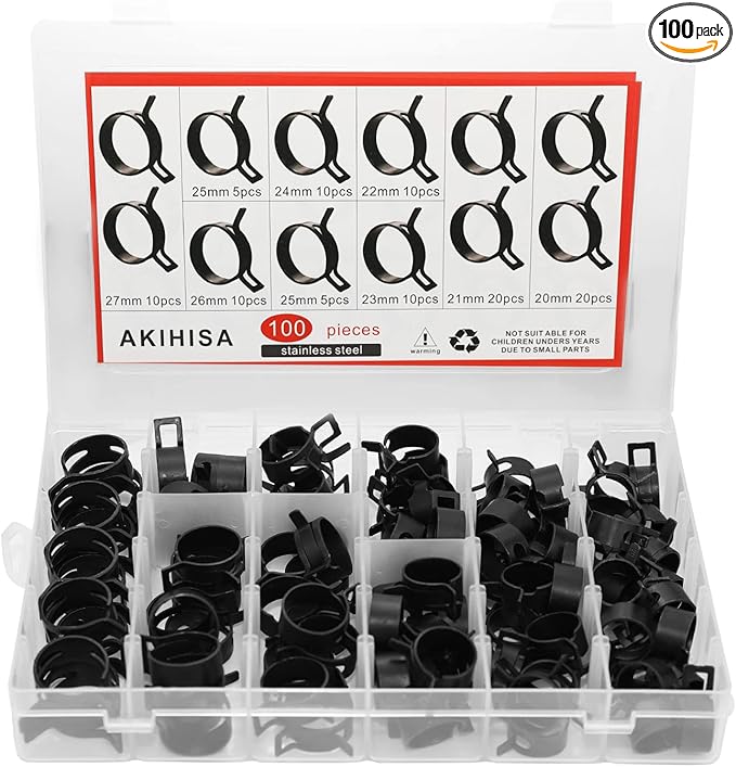 AKIHISA 100 Pcs 20-27mm Spring Hose Clamp, Spring steel 65Mn Fuel Hose Clamp, 8 sizes for Silicone Vacuum Fuel Oil Hose Line Clamps