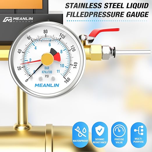 MEANLIN MEASURE 0~160Psi Stainless Steel 1/4" NPT 2.5" FACE DIAL with Reset Pointer Liquid Filled Pressure Gauge WOG Water Oil Air, Back Mount, with Brass Hex Bushing
