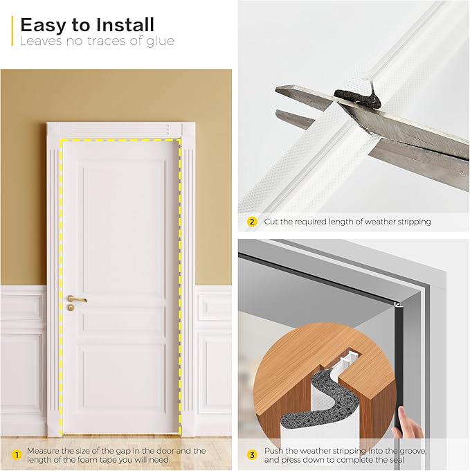 Weather Stripping Door Seal Strip - Soundproof Q-Shaped Foam for Exterior Door Frame, Large Gap Seal, Noise Cancelling, Easy to Install (White, 30FT)